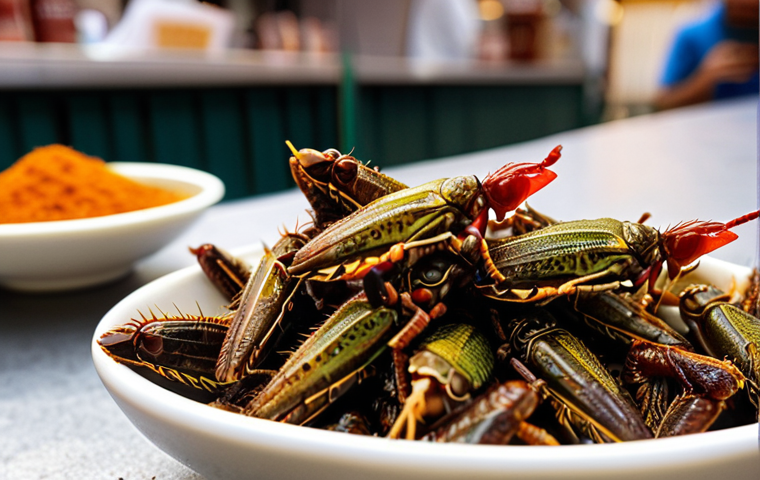**
A vibrant and appetizing close-up shot of cricket snacks from Jimini's. The crickets are seasoned with various spices, and the focus is on their crispy texture and delicious appearance. The background is a blurred, trendy food market setting in Lisbon, Portugal. Include the Jimini's logo subtly. This image should evoke a sense of culinary adventure and healthy snacking.
**