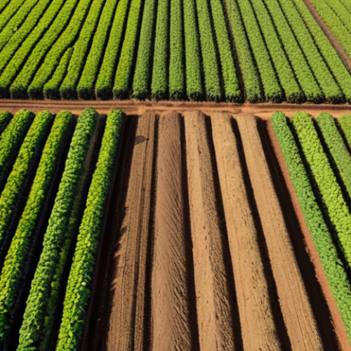 **

A vibrant aerial view of a Brazilian soybean farm using no-till farming (Sistema de Plantio Direto - SPD) in Mato Grosso. See healthy, dark soil covered with crop residue. Capture the transition from degraded soil to fertile land, with lush green soybean plants thriving. Focus on the carbon sequestration and improved water retention.

**