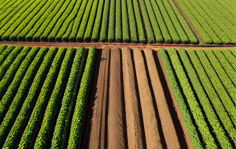 **
A vibrant aerial view of a Brazilian soybean farm using no-till farming (Sistema de Plantio Direto - SPD) in Mato Grosso. See healthy, dark soil covered with crop residue. Capture the transition from degraded soil to fertile land, with lush green soybean plants thriving. Focus on the carbon sequestration and improved water retention.
**