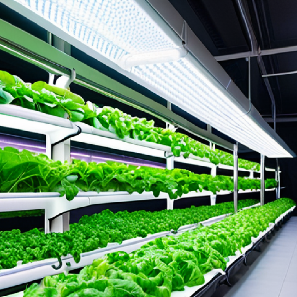 **Indoor vertical farm with vibrant LED lighting illuminating rows of leafy greens. Hydroponic system visible, with focus on healthy, thriving plants. Soft, diffused lighting to highlight the controlled environment.**