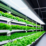 **Indoor vertical farm with vibrant LED lighting illuminating rows of leafy greens. Hydroponic system visible, with focus on healthy, thriving plants. Soft, diffused lighting to highlight the controlled environment.**