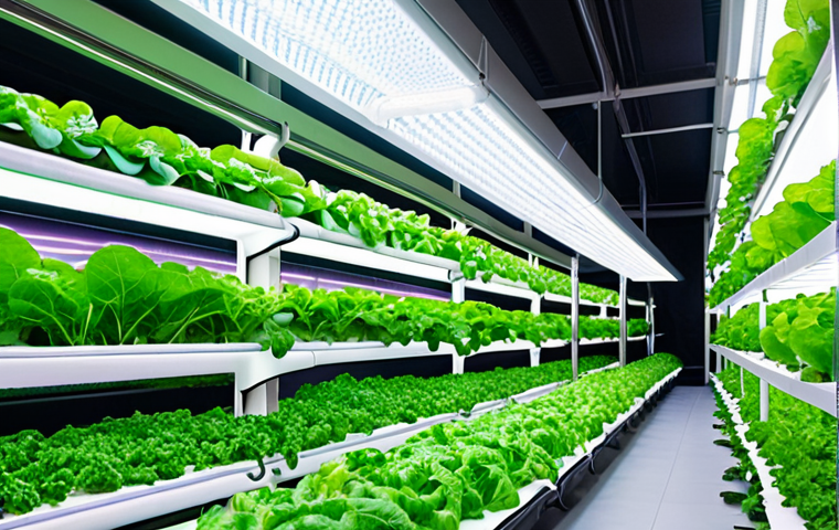 **Indoor vertical farm with vibrant LED lighting illuminating rows of leafy greens. Hydroponic system visible, with focus on healthy, thriving plants. Soft, diffused lighting to highlight the controlled environment.**