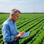 A professional male farmer, mid-age, wearing a modest work shirt and durable trousers, standing in a vast, lush green field of healthy crops. He holds a digital tablet, reviewing data visualizations related to soil moisture and crop health, with a thoughtful expression. In the background, modern agricultural sensors are subtly visible in the ground, and a small, distant drone flies overhead. The scene is bathed in natural daylight, capturing a sense of technological integration in agriculture. Perfect anatomy, correct proportions, natural pose, well-formed hands, proper finger count, natural body proportions, fully clothed, modest clothing, appropriate attire, professional dress, safe for work, appropriate content, professional, high-quality photography.