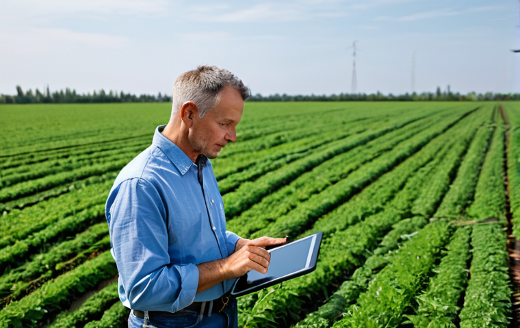 A professional male farmer, mid-age, wearing a modest work shirt and durable trousers, standing in a vast, lush green field of healthy crops. He holds a digital tablet, reviewing data visualizations related to soil moisture and crop health, with a thoughtful expression. In the background, modern agricultural sensors are subtly visible in the ground, and a small, distant drone flies overhead. The scene is bathed in natural daylight, capturing a sense of technological integration in agriculture. Perfect anatomy, correct proportions, natural pose, well-formed hands, proper finger count, natural body proportions, fully clothed, modest clothing, appropriate attire, professional dress, safe for work, appropriate content, professional, high-quality photography.