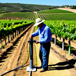 Smart Irrigation System in Algarve**

"A modern vineyard in the Algarve region of Portugal. Focus on a smart irrigation system with sensors monitoring soil moisture. Grapes are thriving. In the background, rolling hills and a bright, sunny sky. Fully clothed farmers are inspecting the vines. Appropriate attire, safe for work, perfect anatomy, natural proportions, professional photography, high quality, family-friendly. Include detail showcasing drip irrigation lines. Emphasize sustainable water use."

**