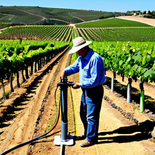 Smart Irrigation System in Algarve**

"A modern vineyard in the Algarve region of Portugal. Focus on a smart irrigation system with sensors monitoring soil moisture. Grapes are thriving. In the background, rolling hills and a bright, sunny sky. Fully clothed farmers are inspecting the vines. Appropriate attire, safe for work, perfect anatomy, natural proportions, professional photography, high quality, family-friendly. Include detail showcasing drip irrigation lines. Emphasize sustainable water use."

**