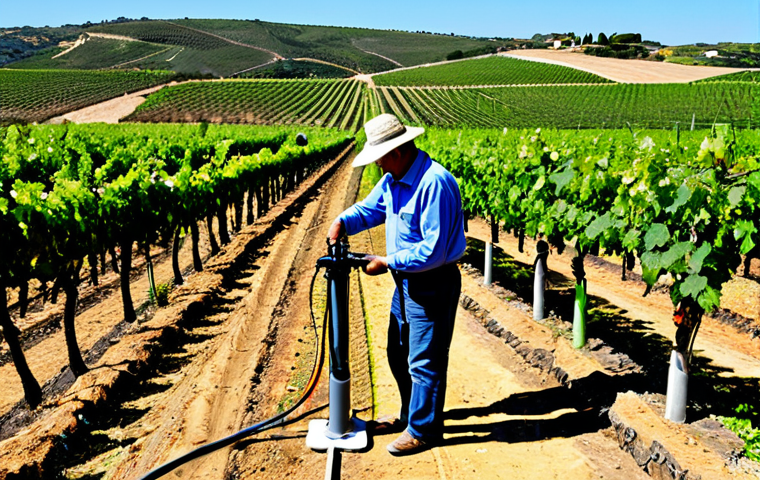 Smart Irrigation System in Algarve**

"A modern vineyard in the Algarve region of Portugal. Focus on a smart irrigation system with sensors monitoring soil moisture. Grapes are thriving. In the background, rolling hills and a bright, sunny sky. Fully clothed farmers are inspecting the vines. Appropriate attire, safe for work, perfect anatomy, natural proportions, professional photography, high quality, family-friendly. Include detail showcasing drip irrigation lines. Emphasize sustainable water use."

**