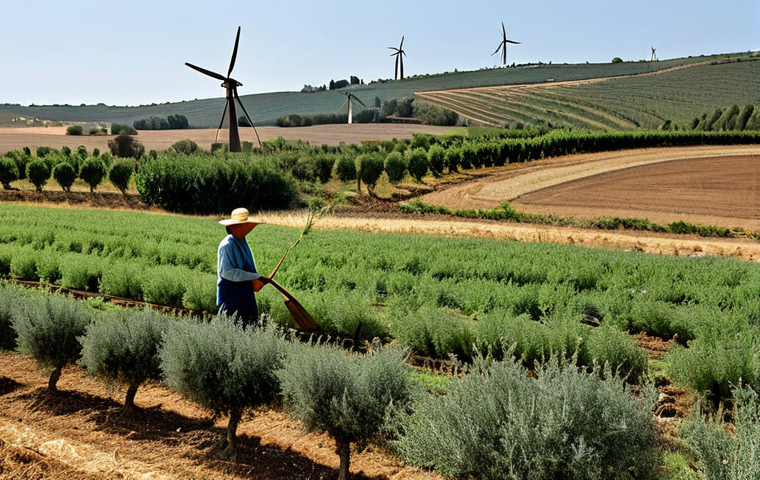 **

"A thriving organic farm in the Alentejo region of Portugal, showcasing diversified crops, well-formed hands working the land, fully clothed farmers tending to rows of olive trees and vegetable gardens. The image captures the beauty of sustainable agriculture with windmills in the background. Safe for work, appropriate content, professional photography, modest, perfect anatomy, correct proportions, natural pose, high quality, showcasing a family-friendly, eco-conscious farm, natural body proportions, appropriate attire."

**