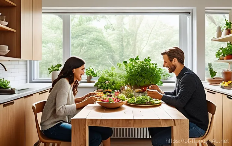 곤충단백질 활용 사례 - **Prompt 1: A Vision of Sustainable Family Mealtime**
A happy, diverse family of four (a mother,...