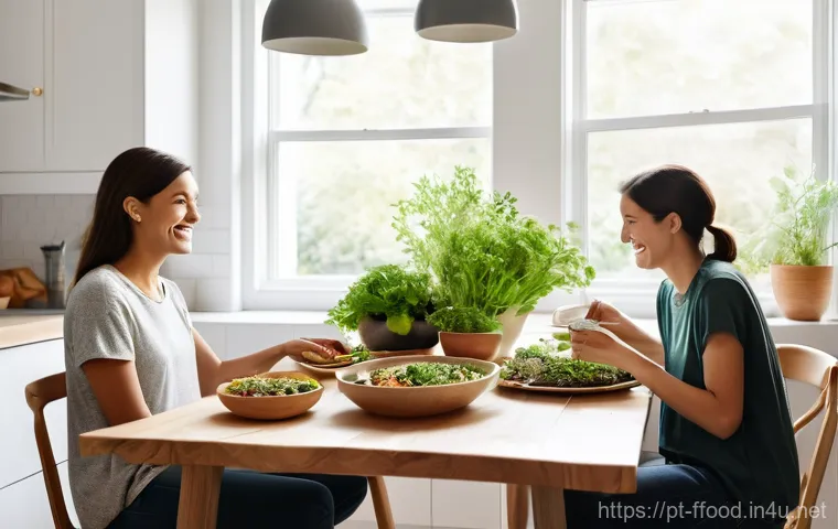 곤충단백질 활용 사례 - **Sustainable Family Meal:** A modern family enjoying a healthy meal, subtly hinting at sustainable ...
