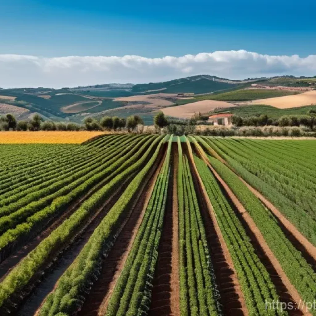 환경에 미치는 농업의 영향 - **Prompt:** A vibrant, sun-drenched agricultural field in Portugal, showcasing innovative water mana...