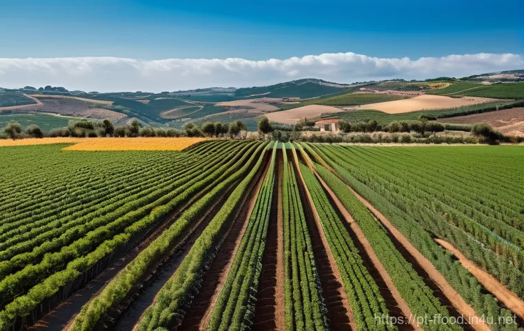 환경에 미치는 농업의 영향 - **Prompt:** A vibrant, sun-drenched agricultural field in Portugal, showcasing innovative water mana...