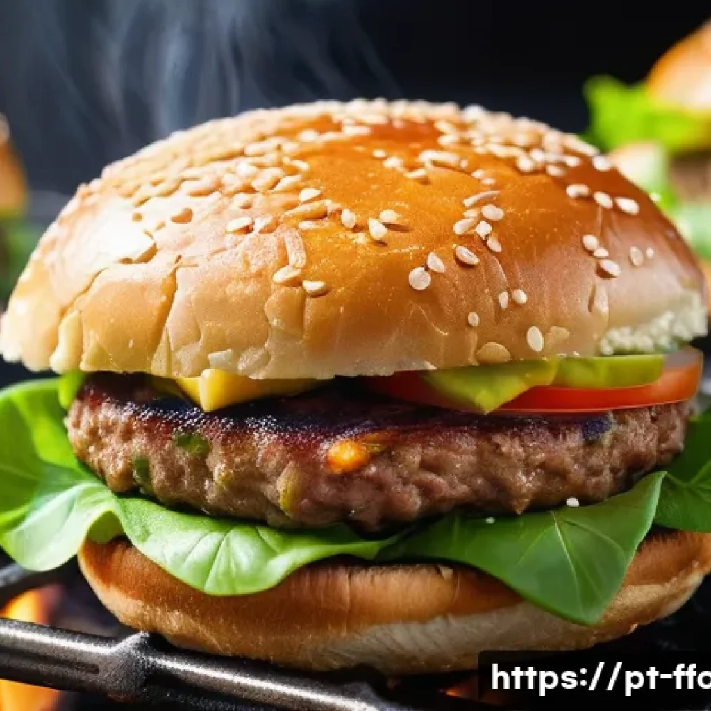비건 고기와 대체육 비교 - A vibrant and detailed close-up of a plant-based protein burger patty sizzling on a grill, showcasin...