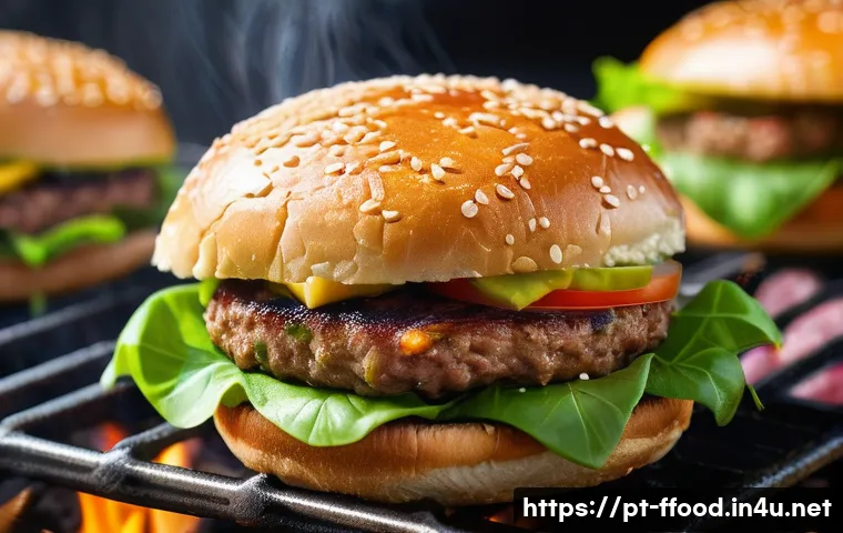 비건 고기와 대체육 비교 - A vibrant and detailed close-up of a plant-based protein burger patty sizzling on a grill, showcasin...