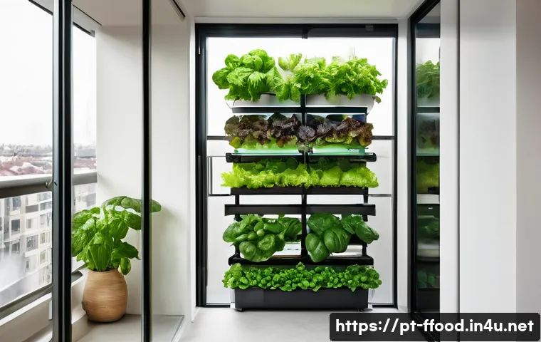 지속 가능한 수경재배 - A modern urban apartment balcony transformed into a compact hydroponic garden with vertical shelves ...