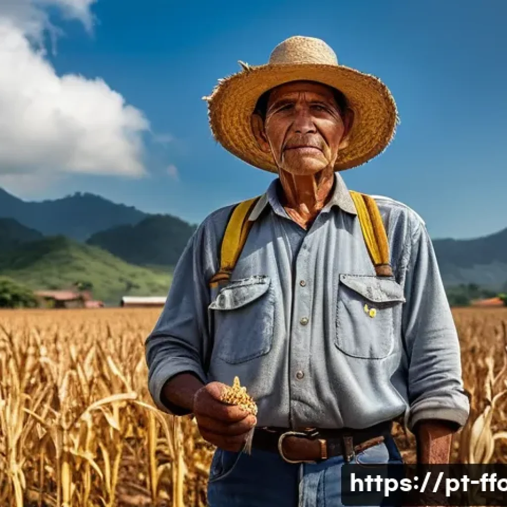 세계 식량 안보 위기 - A Brazilian small-scale farmer wearing practical work clothes and a straw hat, standing in a dry cor...