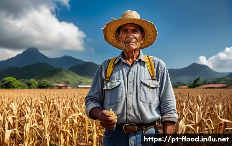 세계 식량 안보 위기 - A Brazilian small-scale farmer wearing practical work clothes and a straw hat, standing in a dry cor...
