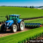 자율 주행 농기계 - A modern autonomous tractor operating in a vast Brazilian soybean field under bright daylight, equip...