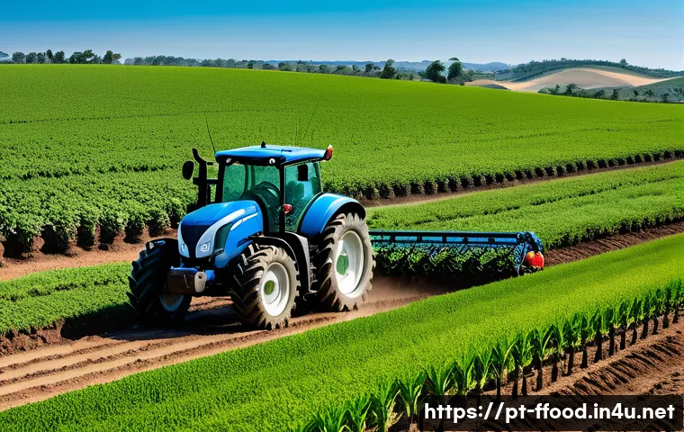 자율 주행 농기계 - A modern autonomous tractor operating in a vast Brazilian soybean field under bright daylight, equip...
