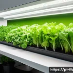 수경재배에서의 농작물 종류 - A vibrant hydroponic indoor garden featuring lush green leafy vegetables such as crisp American lett...