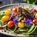 전 세계 식용 곤충 소비 동향 - A vibrant and detailed close-up of a gourmet dish featuring toasted crickets sprinkled on a fresh mi...