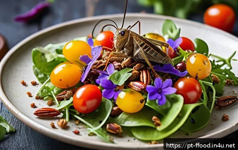 전 세계 식용 곤충 소비 동향 - A vibrant and detailed close-up of a gourmet dish featuring toasted crickets sprinkled on a fresh mi...