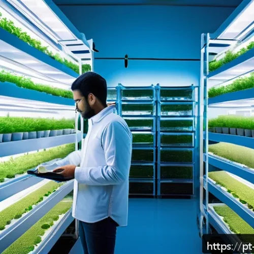 곤충의 대체육 가능성 - A futuristic urban insect farm interior showing automated climate-controlled environments with rows ...