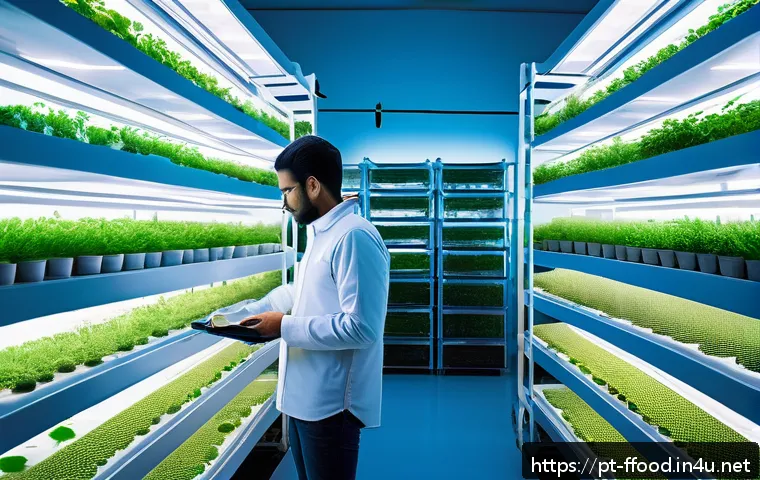 곤충의 대체육 가능성 - A futuristic urban insect farm interior showing automated climate-controlled environments with rows ...
