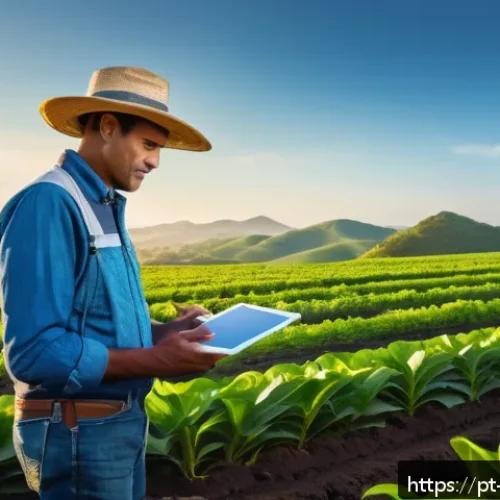 기후 변화 대응을 위한 스마트 농업 - A modern Brazilian farm landscape during golden hour, featuring lush green fields with IoT soil sens...