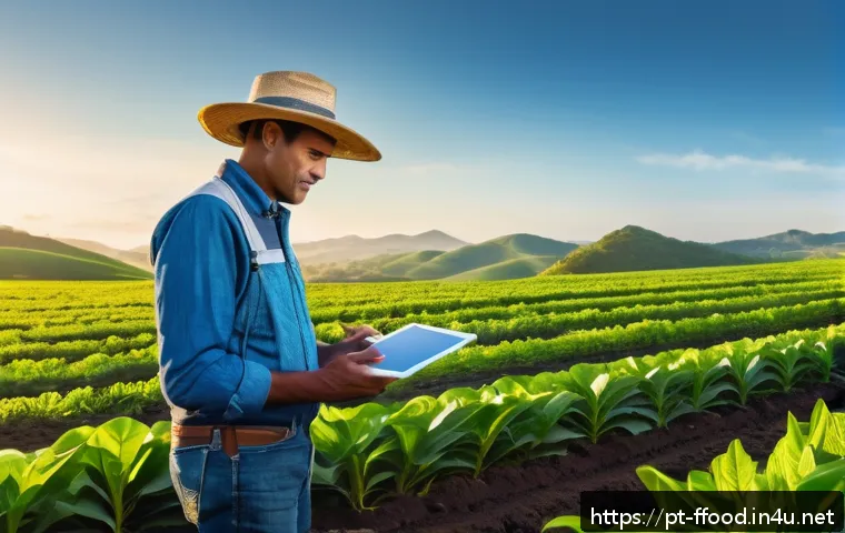 기후 변화 대응을 위한 스마트 농업 - A modern Brazilian farm landscape during golden hour, featuring lush green fields with IoT soil sens...