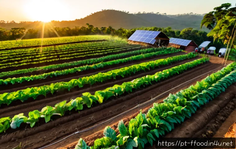 Home 17 인구 증가와 지속 가능한 농업 - Photorealistic wide-angle view of a sustainable family farm in rural Brazil at sunrise, diverse rows...