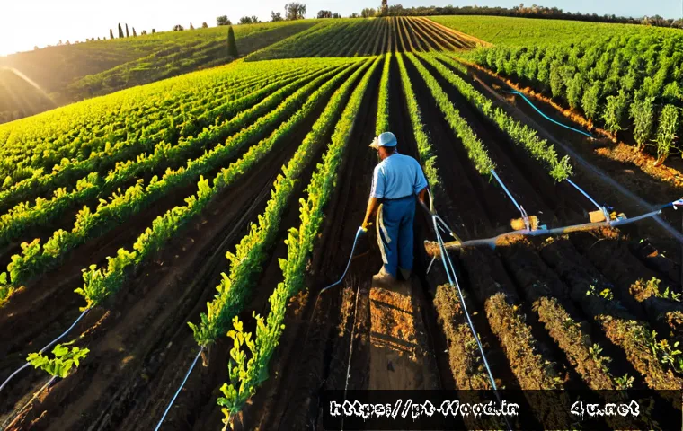 지속 가능한 농업과 기후 변화 - Photorealistic wide-angle view of a sustainable family farm in rural Portugal, healthy crop rows bes...